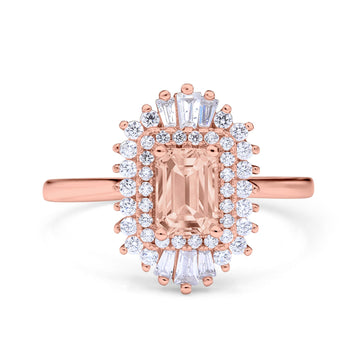 Emerald Cut Vintage Wedding Ring Rose Tone, Simulated Morganite CZ 925 Sterling Silver